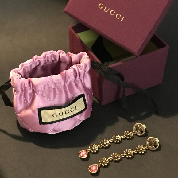 Gucci GG Marmont Pink Daisy Drop Earrings Silver 925 Aged Gold Finish GORGEOUS!